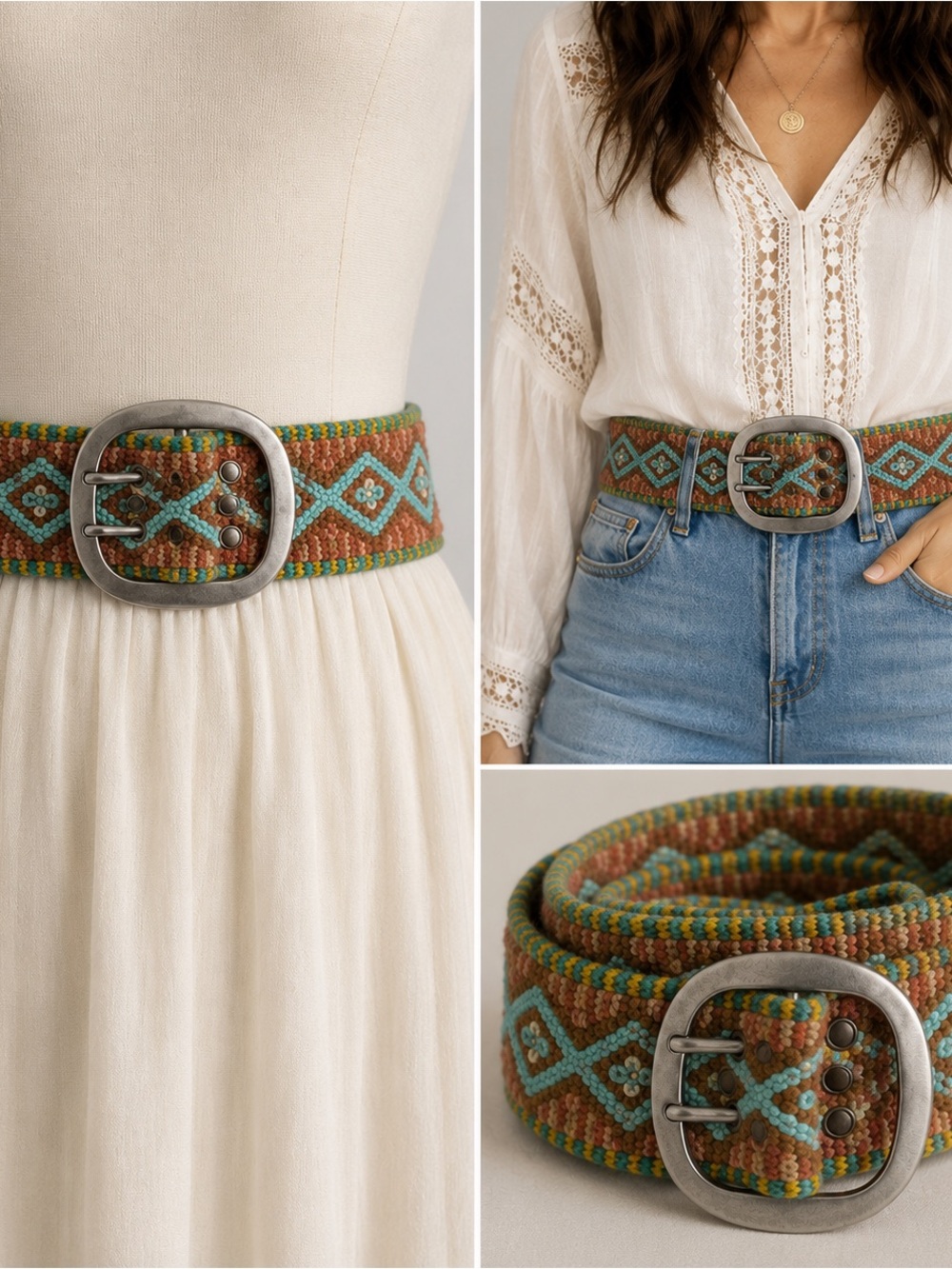 Vintage Jenny Krauss 100% Wool Hand Embroidered Boho Southwestern Belt Turquoise